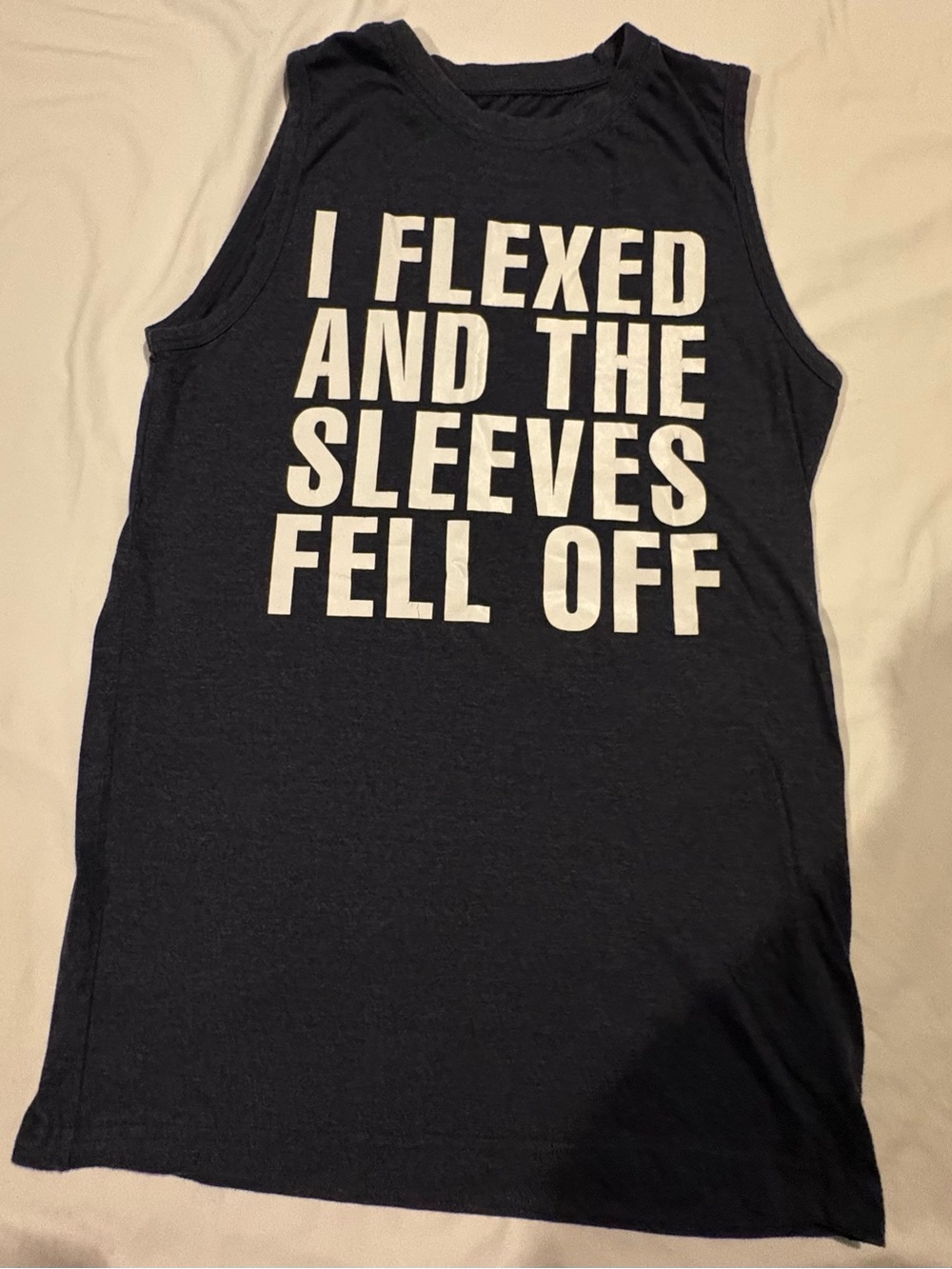 Mens Sleeveless Tee Grey “I Flexed And The Sleeves Fell Off” Size:Small